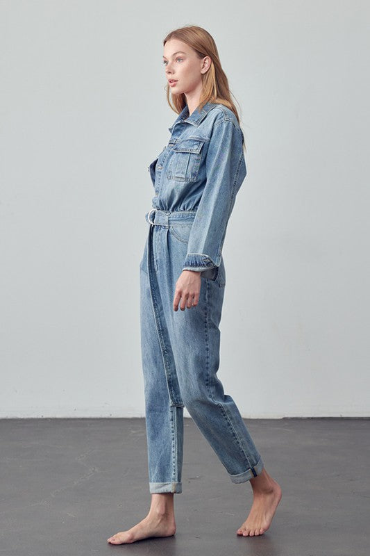 BELTED COLLARED BUTTON FRONT DENIM JUMPSUIT