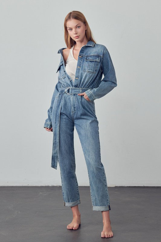 BELTED COLLARED BUTTON FRONT DENIM JUMPSUIT