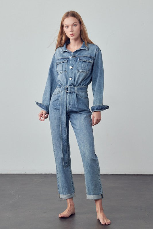 BELTED COLLARED BUTTON FRONT DENIM JUMPSUIT