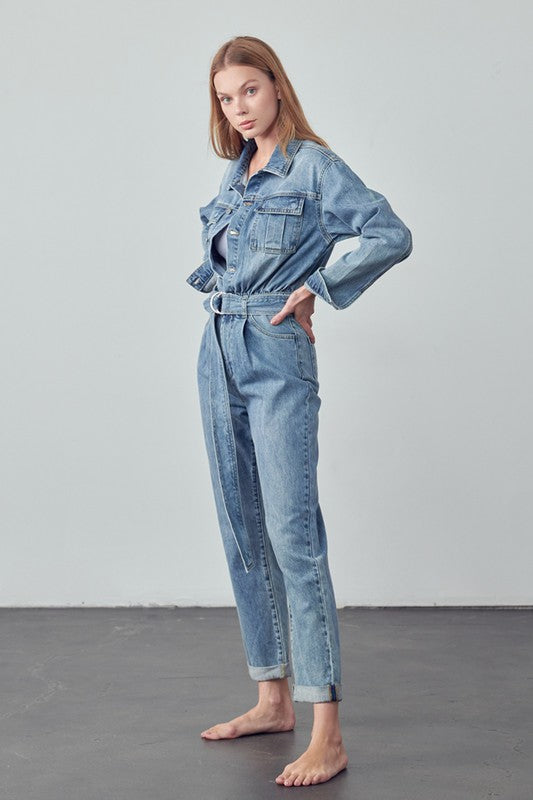 BELTED COLLARED BUTTON FRONT DENIM JUMPSUIT