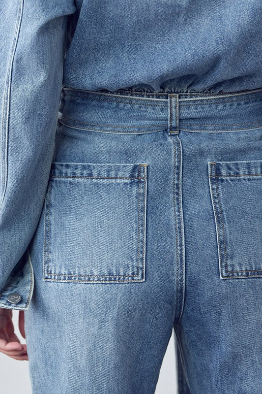 BELTED COLLARED BUTTON FRONT DENIM JUMPSUIT