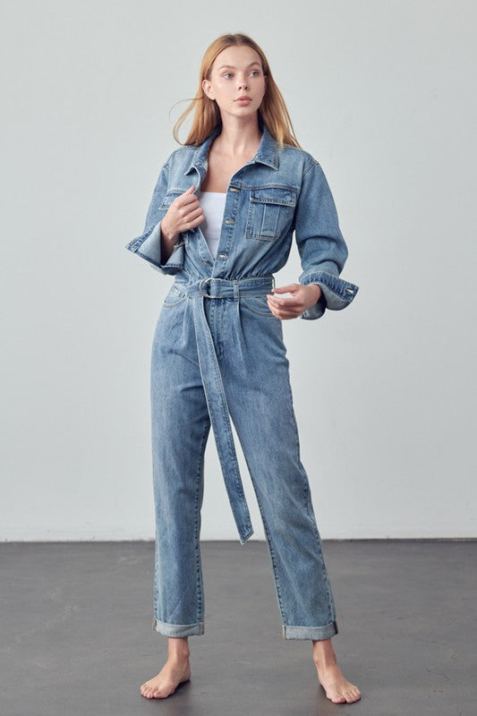 BELTED COLLARED BUTTON FRONT DENIM JUMPSUIT