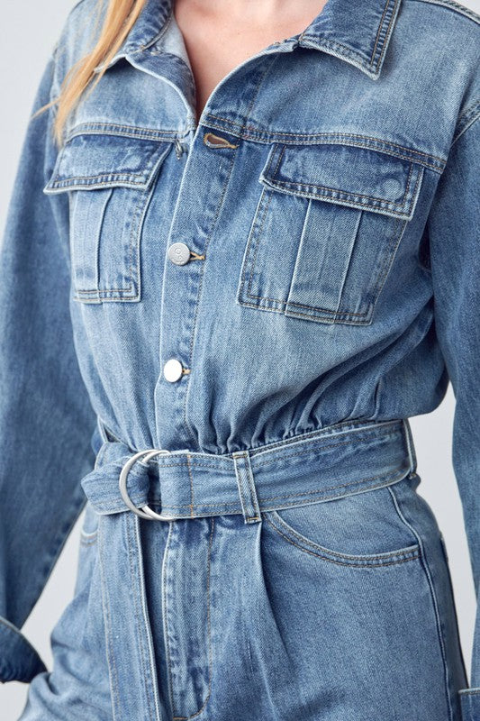 BELTED COLLARED BUTTON FRONT DENIM JUMPSUIT