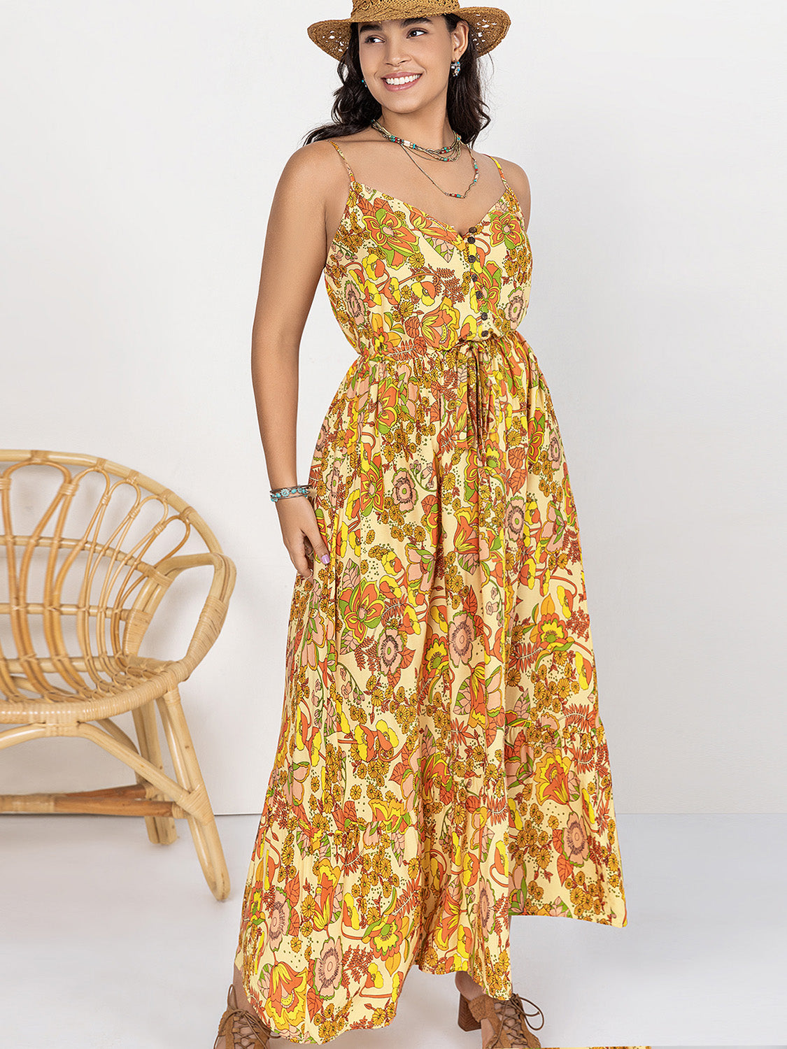 PLUS SIZE PRINTED V-NECK MAXI CAMI DRESS