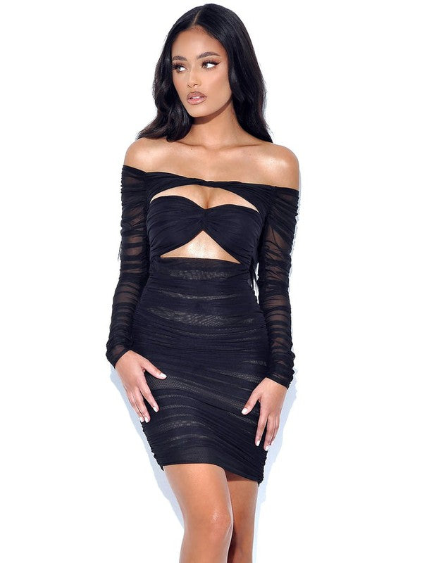 MISS CIRCLE TIERRA MESH OFF THE SHOULDER MIDI DRESS