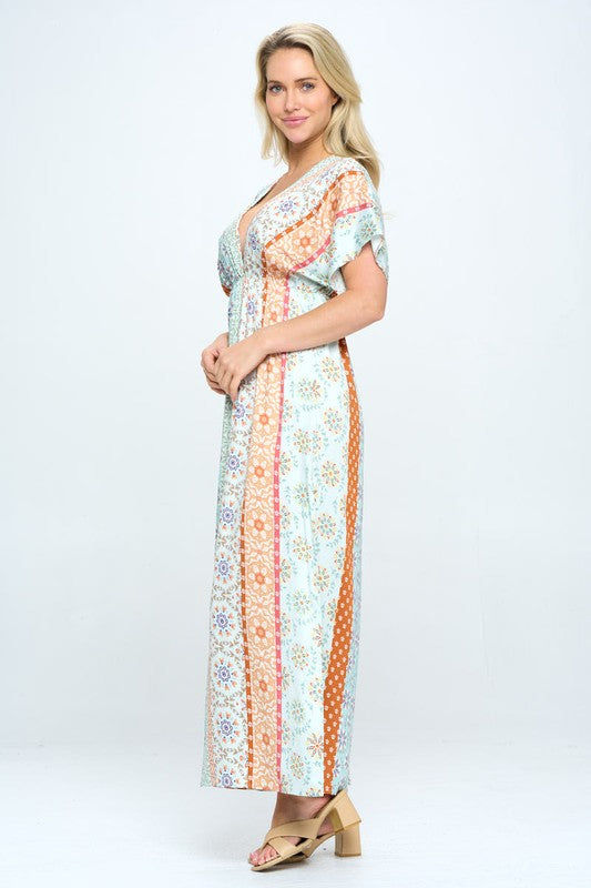BOHO PRINT KIMONO MAXI DRESS WITH SIDE SLIT