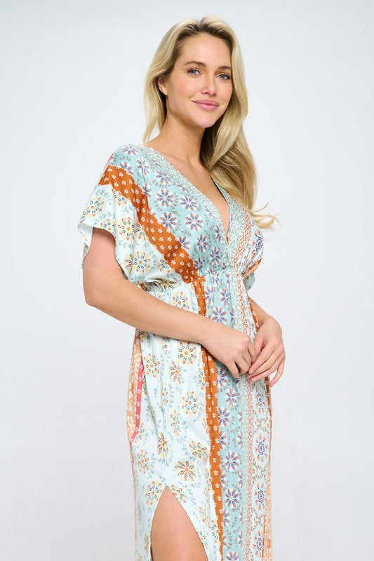 BOHO PRINT KIMONO MAXI DRESS WITH SIDE SLIT