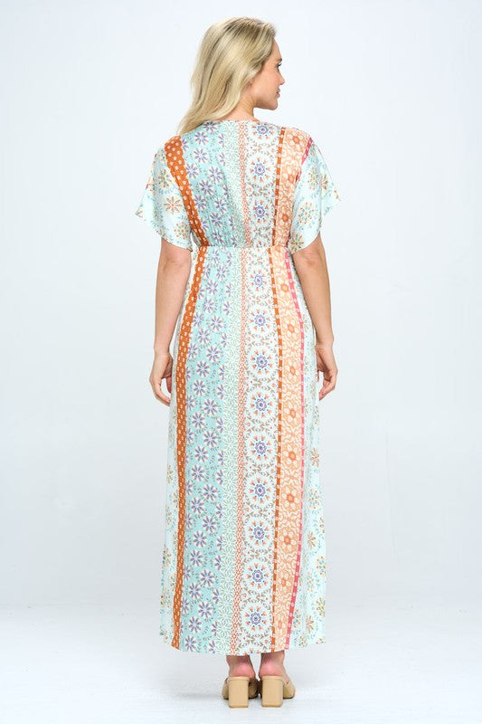 BOHO PRINT KIMONO MAXI DRESS WITH SIDE SLIT