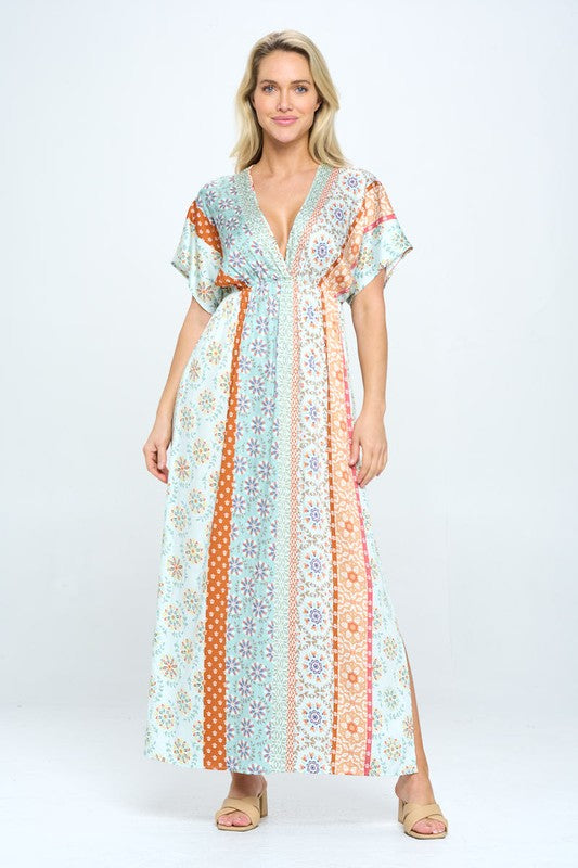 BOHO PRINT KIMONO MAXI DRESS WITH SIDE SLIT