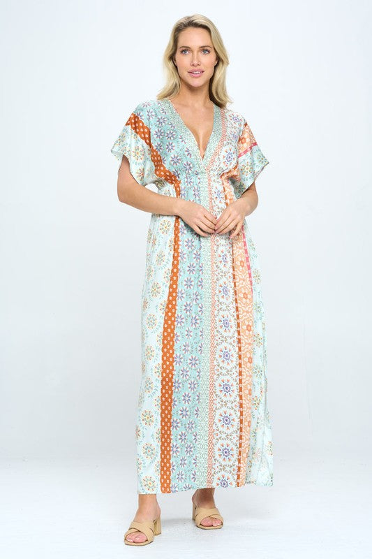 BOHO PRINT KIMONO MAXI DRESS WITH SIDE SLIT
