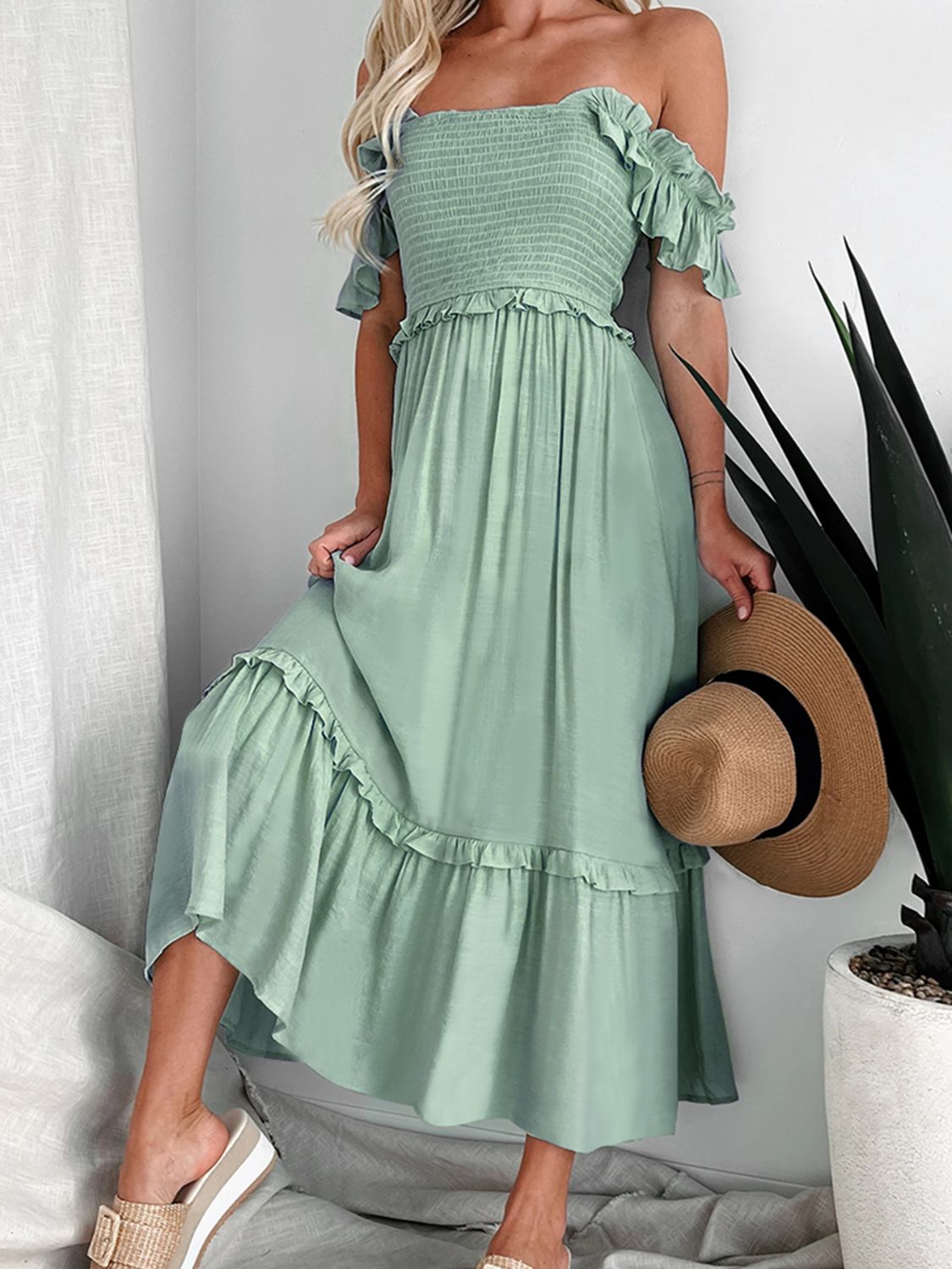 FRILL SMOCKED OFF THE SHOULDER RUFFLE SLEEVE DRESS