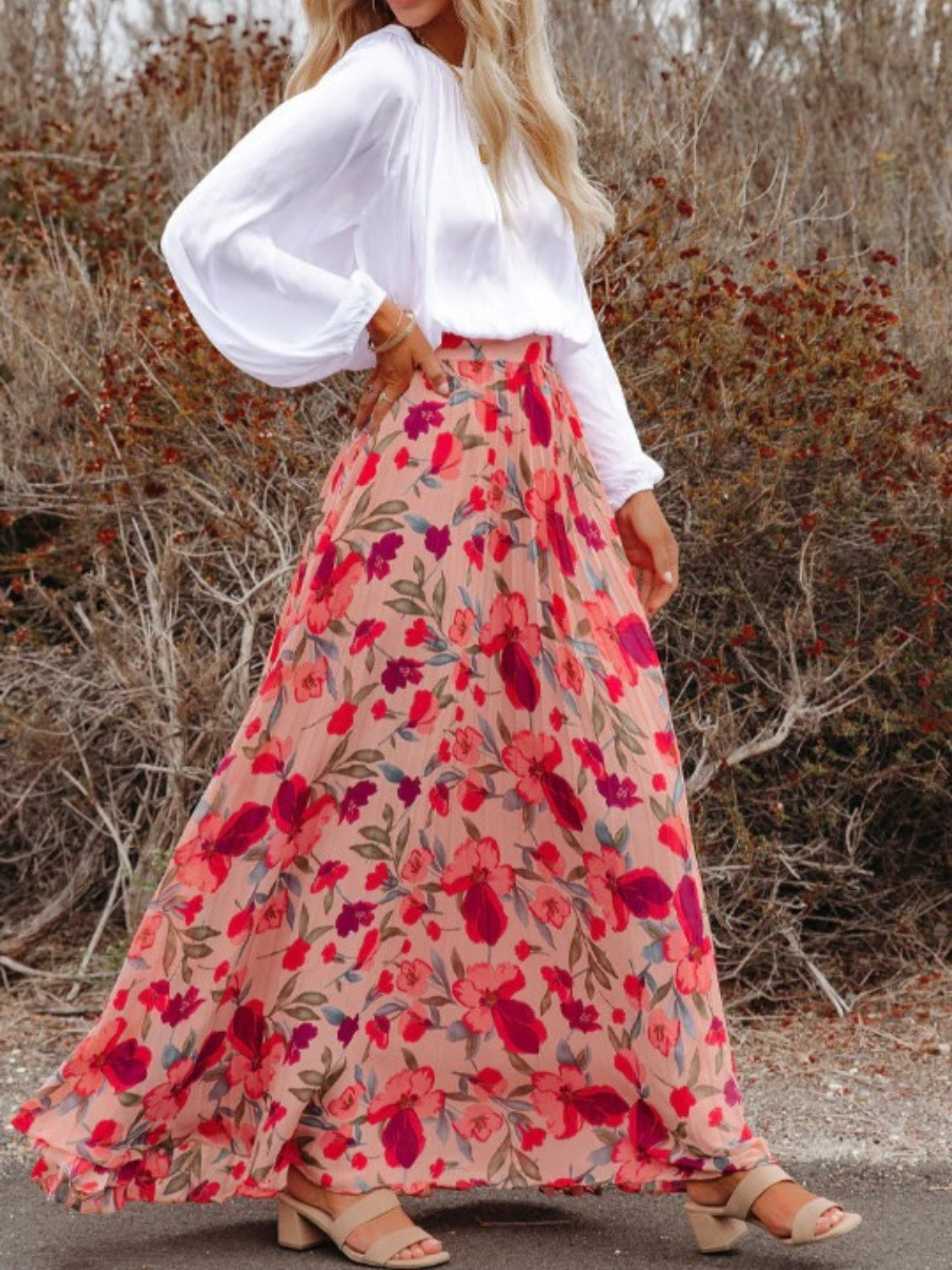 PRINTED ELASTIC WAISTBAND PLEATED MAXI SKIRT