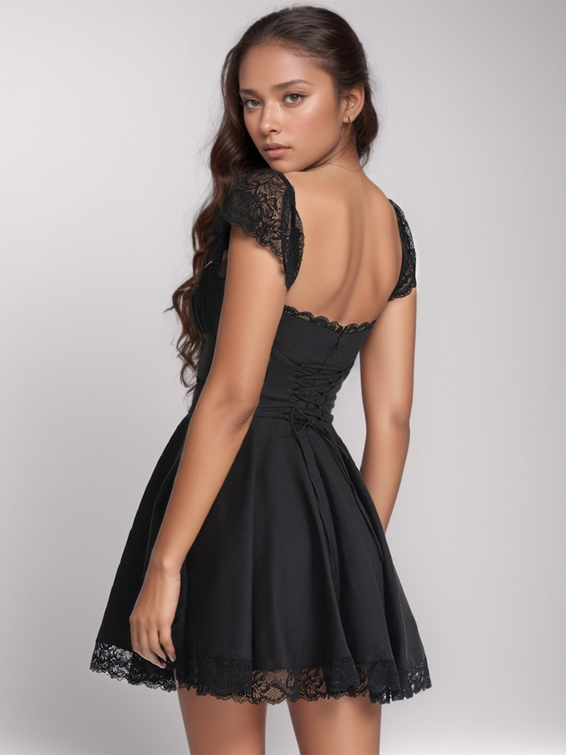 LACE DETAIL SQUARE NECK CAP SLEEVE MINI DRESS