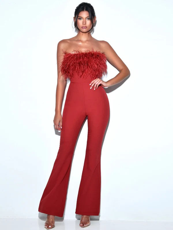 MISS CIRCLE STRAPLESS FEATHER BELL BOTTOM JUMPSUIT