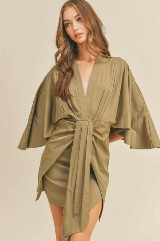 SATIN FRONT DRAPED PLEATED MINI DRESS