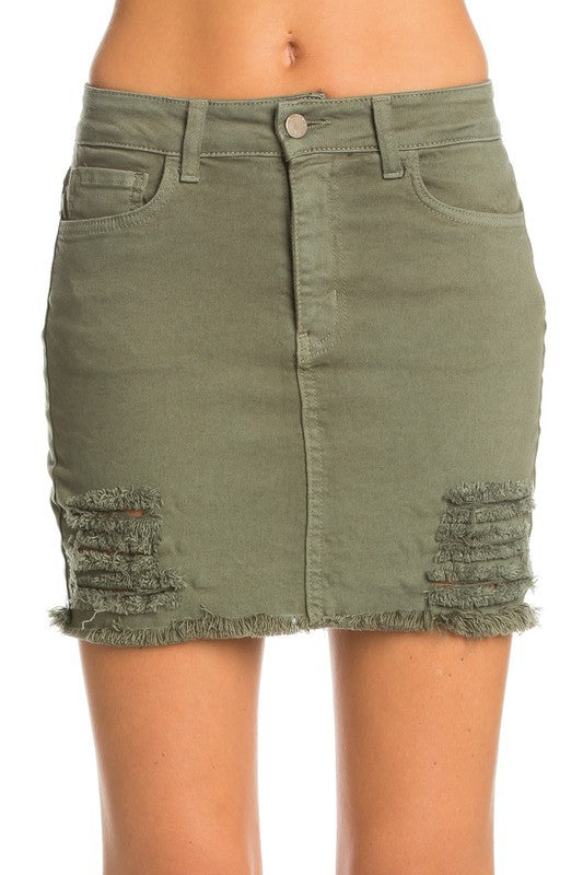 DISTRESSED MINI DENIM SKIRT