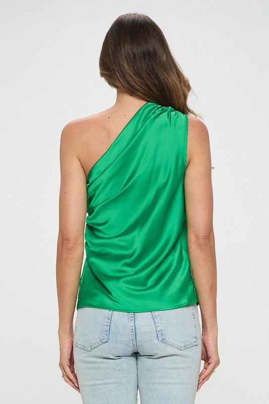 SILKY SATIN ONE SHOULDER RUCHED TOP
