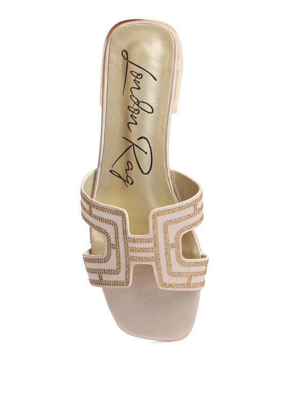 BIG MONEY LOW STACK HEEL EMBELLISHED SANDALS