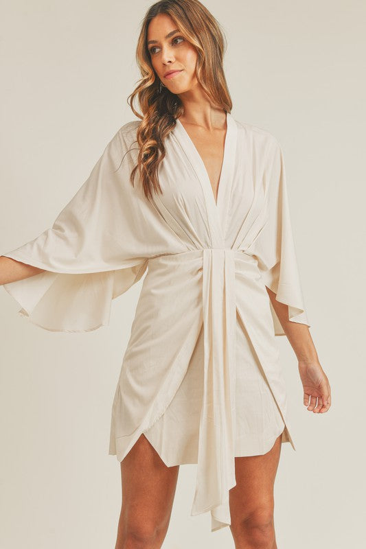SATIN FRONT DRAPED PLEATED MINI DRESS