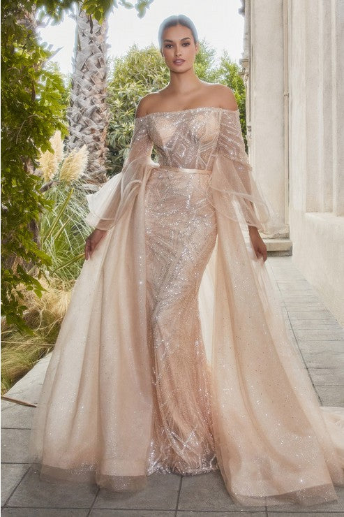 FITTED OFF THE SHOULDER BELL SLEEVE GOWN