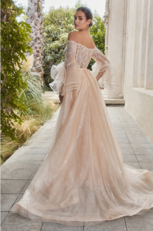FITTED OFF THE SHOULDER BELL SLEEVE GOWN