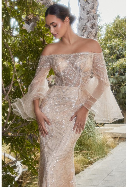 FITTED OFF THE SHOULDER BELL SLEEVE GOWN