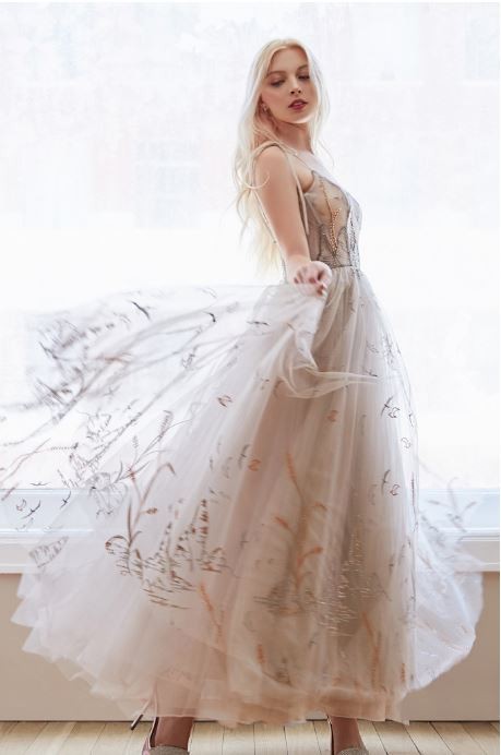 EMILIA LAKE BIRDS EMBROIDERED TEA LENGTH DRESS