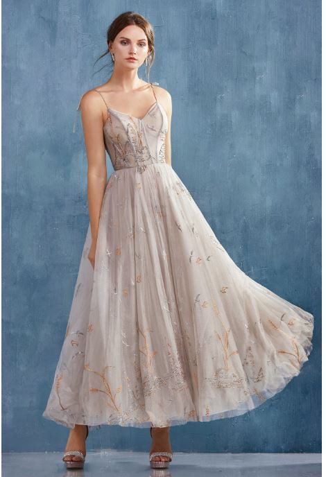 EMILIA LAKE BIRDS EMBROIDERED TEA LENGTH DRESS