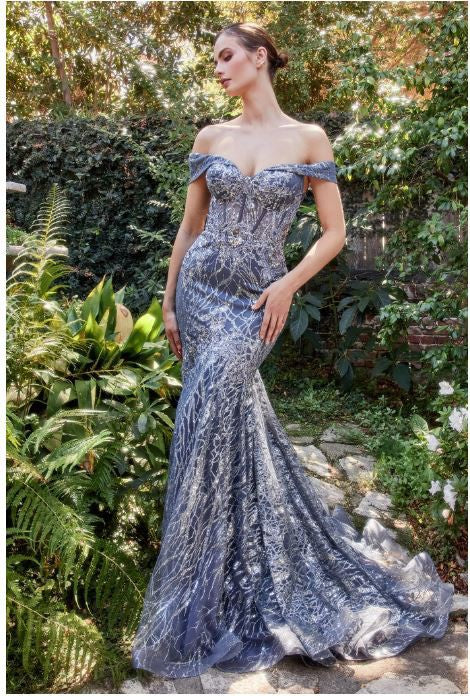 OFF THE SHOULDER LACE FIT AND FLARE GOWN