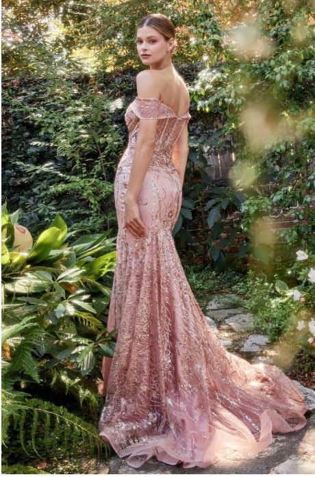 OFF THE SHOULDER LACE FIT AND FLARE GOWN
