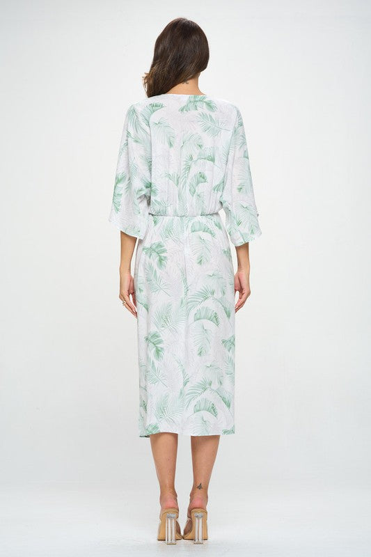 TROPICAL LEAF PRINT KIMONO DRESS WITH FRONT TWIST
