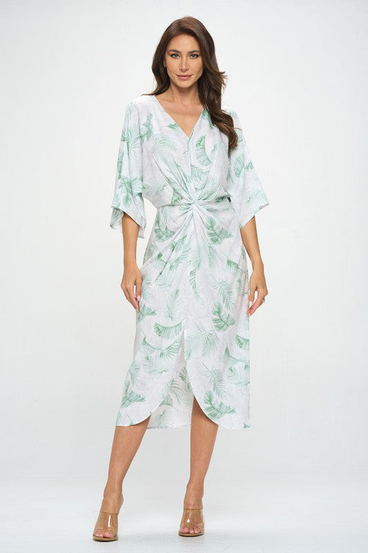 TROPICAL LEAF PRINT KIMONO DRESS WITH FRONT TWIST