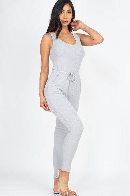RIBBED SLEEVELESS DRAWSTRING JUMPSUIT