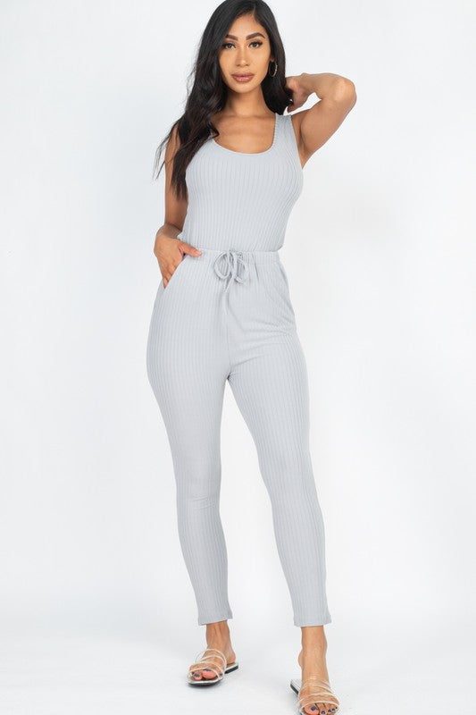 RIBBED SLEEVELESS DRAWSTRING JUMPSUIT