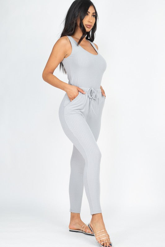RIBBED SLEEVELESS DRAWSTRING JUMPSUIT