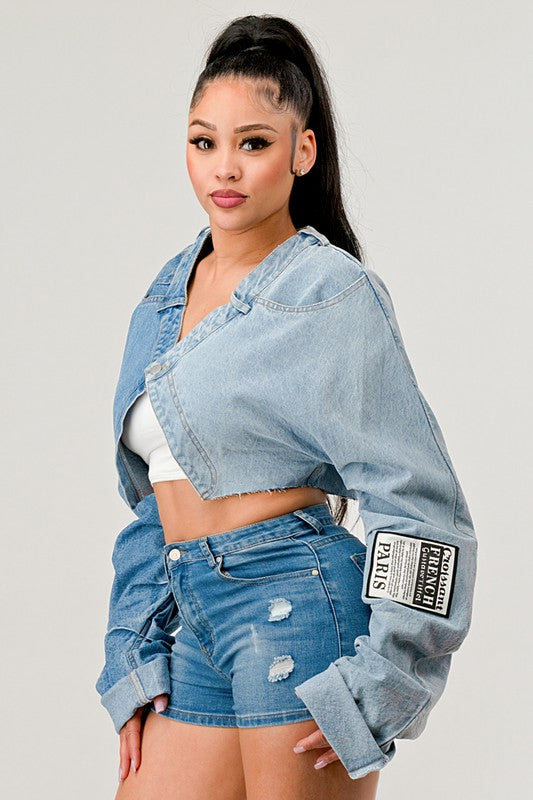 DENIM PATCHED X-CONTRAST TOP