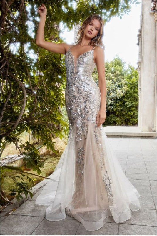 FITTED MERMAID GOWN WITH BEADED LACE APPLIQUE