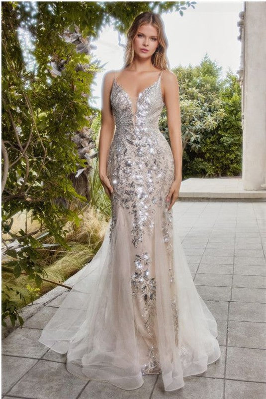 FITTED MERMAID GOWN WITH BEADED LACE APPLIQUE