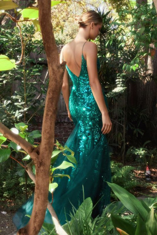 FITTED MERMAID GOWN WITH BEADED LACE APPLIQUE