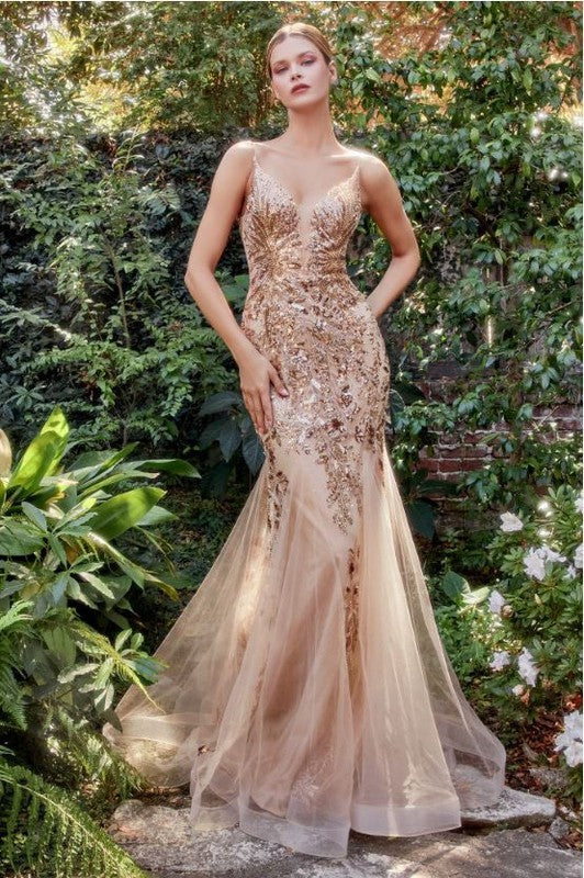 FITTED MERMAID GOWN WITH BEADED LACE APPLIQUE
