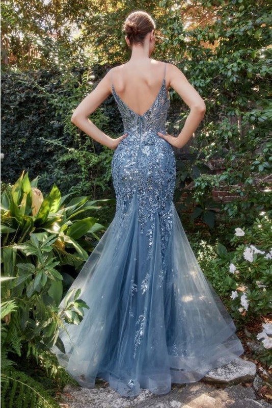 FITTED MERMAID GOWN WITH BEADED LACE APPLIQUE