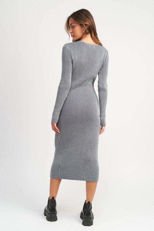 V NECK MIDI SWEATER DRESS WITH TWO WAY ZIPPER
