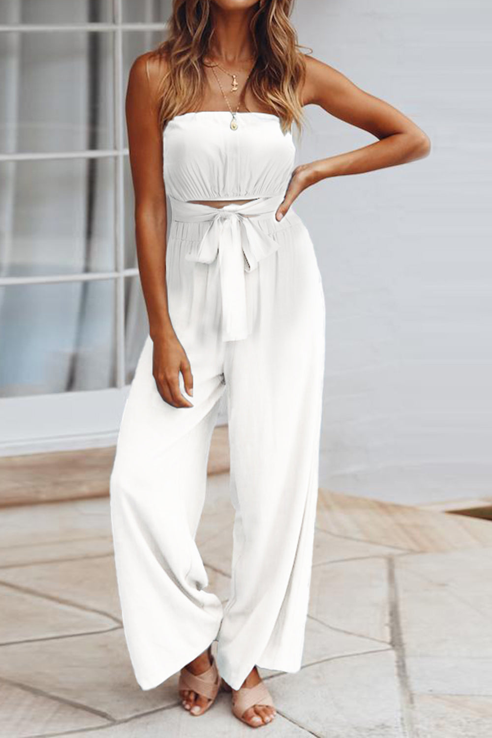 TIE FRONT CUTOUT TUBE WIDE LEG JUMPSUIT
