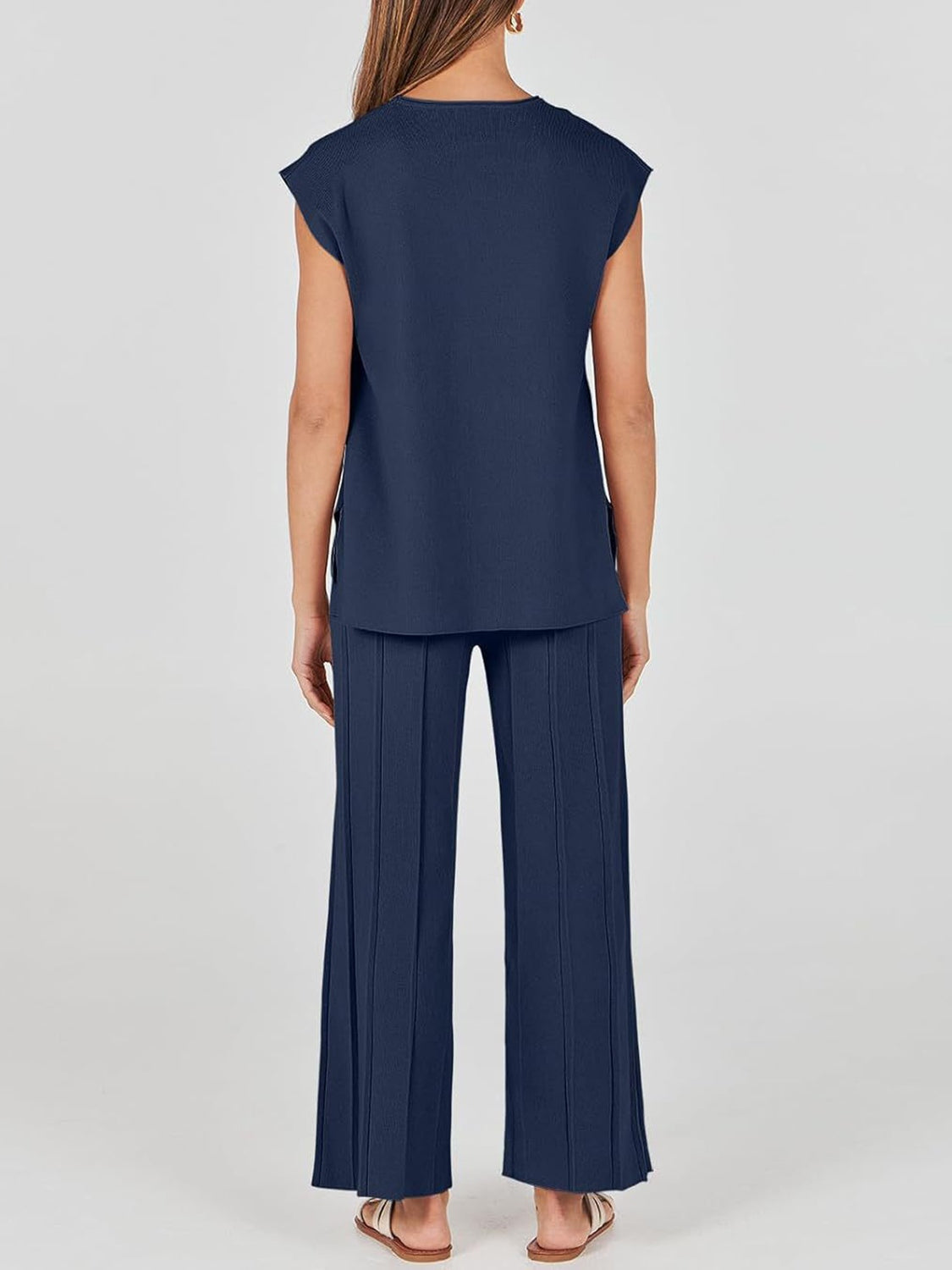 ROUND NECK CAP SLEEVE TOP AND PANTS KNIT SET