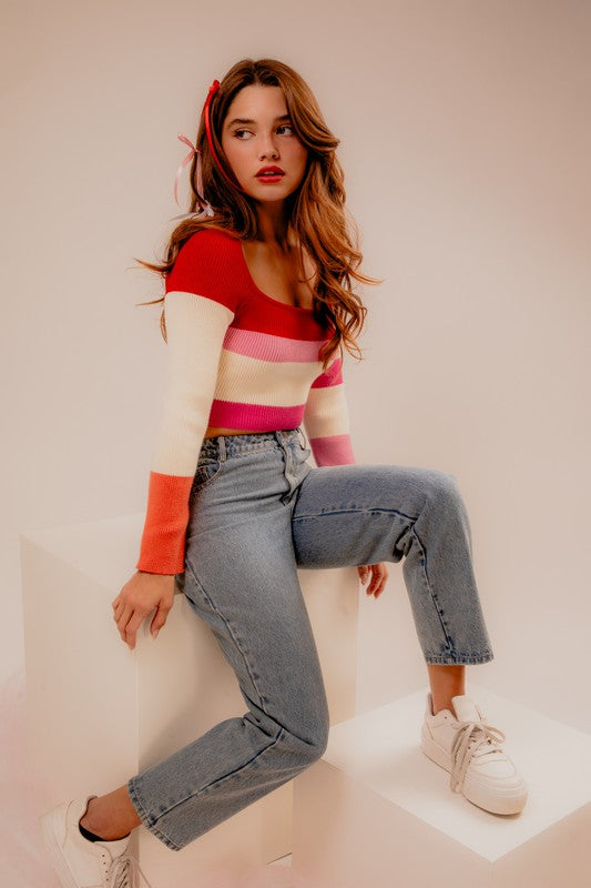 LONG SLEEVE COLOR BLOCK STRIPE KNIT TOP