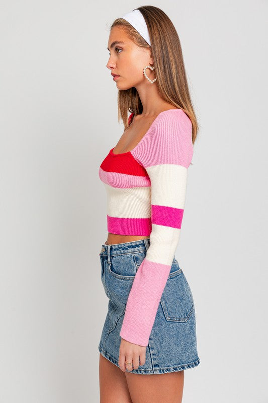 LONG SLEEVE COLOR BLOCK STRIPE KNIT TOP