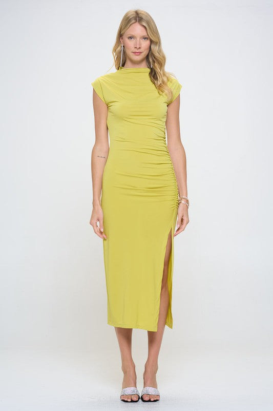 SLEEVELESS RUCHED DRESS WITH SLIT