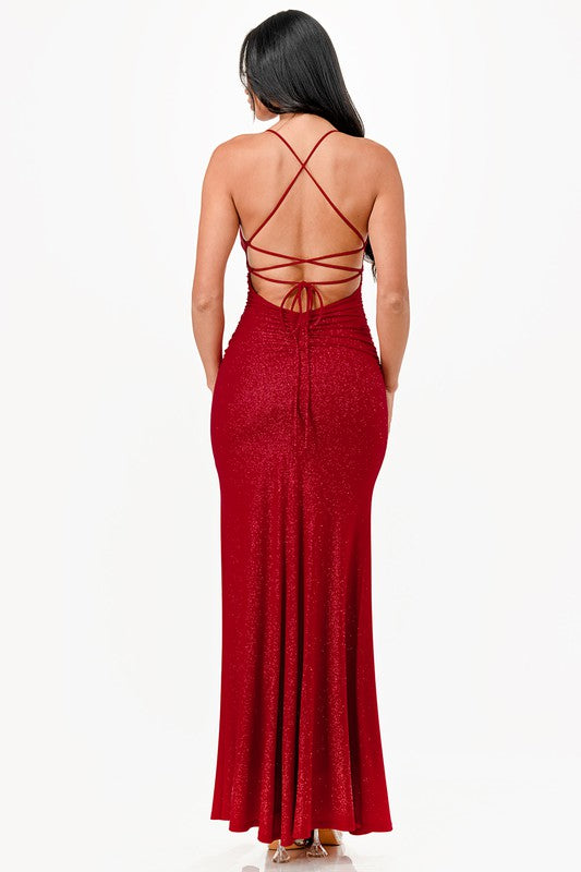 OPEN LACE UP BACK GOWN WITH LONG FRONT SLIT