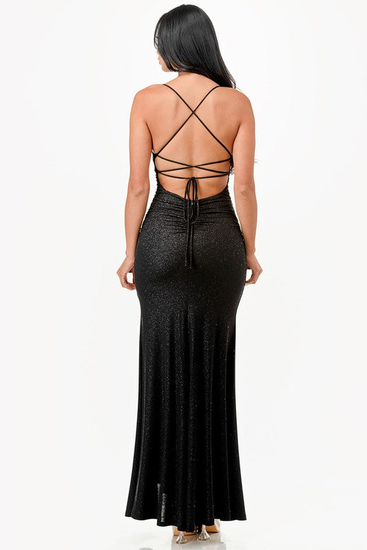 OPEN LACE UP BACK GOWN WITH LONG FRONT SLIT