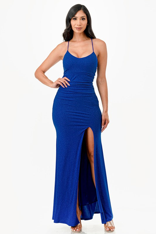 OPEN LACE UP BACK GOWN WITH LONG FRONT SLIT
